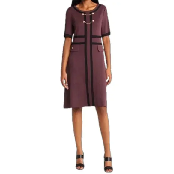 Ming Wang button detail contrast trim soft knit dress  burgundy black size M - Picture 12 of 14